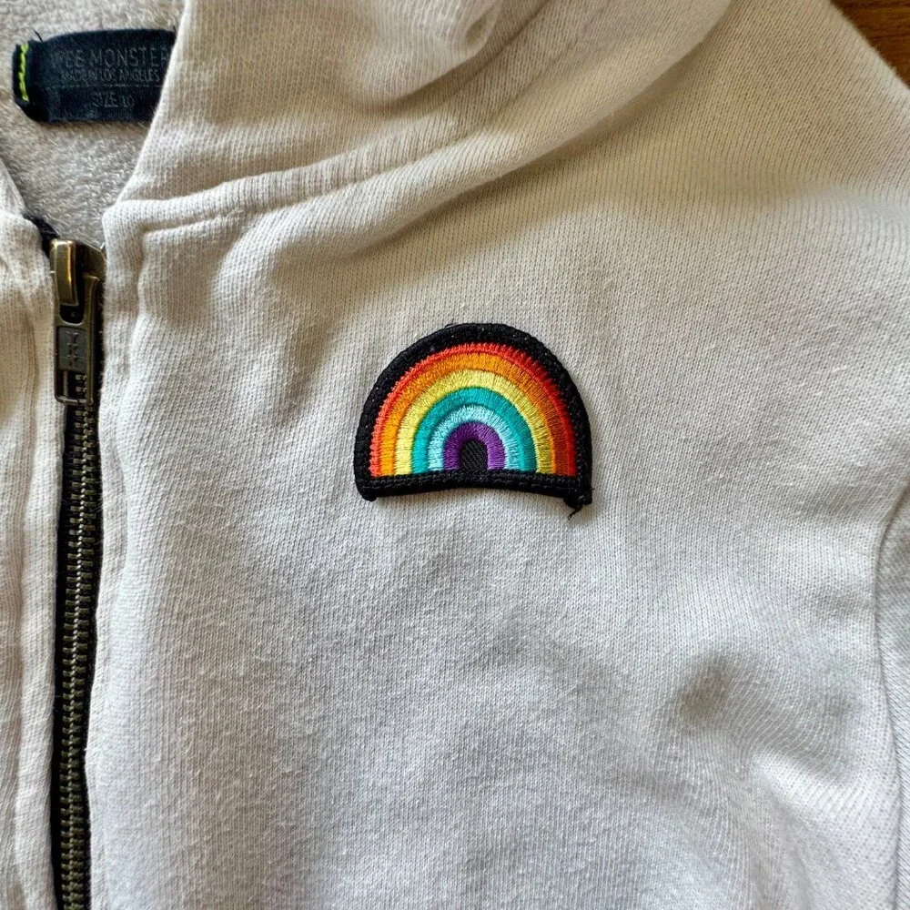 WEE MONSTER Rainbow Love Hoodie Girls 10 Retro Boho Velvet Patch Made In USA - Picture 6 of 9